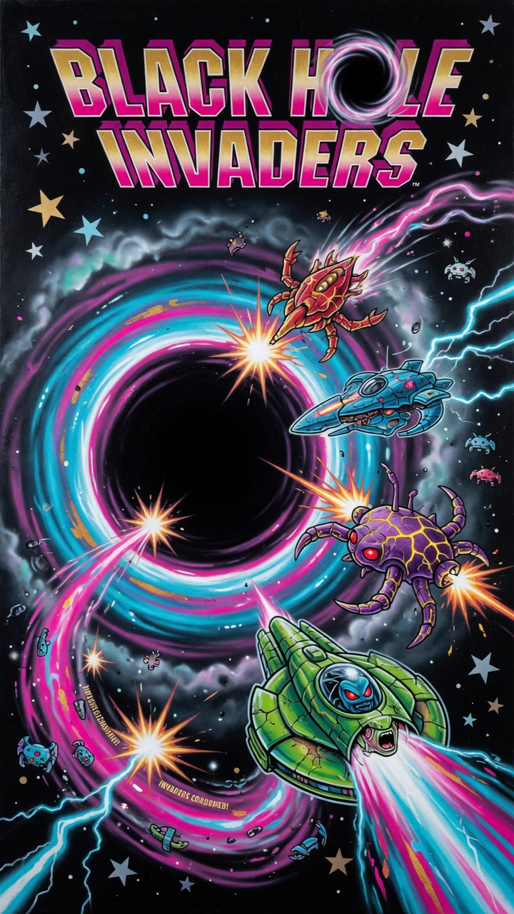 Black Hole Invaders key art: a swirling neon black hole swallowing alien ships