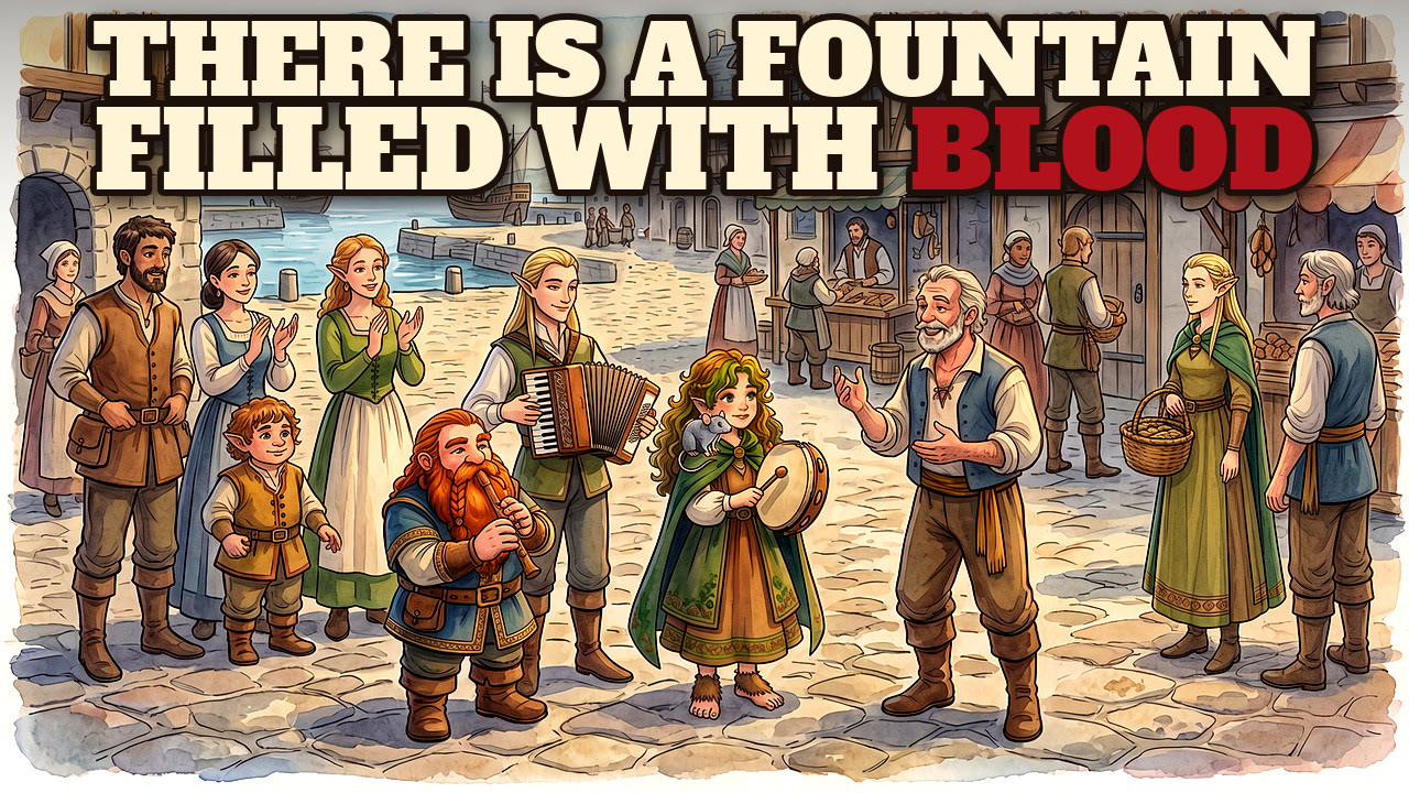 Hymn thumbnail: There Is a Fountain Filled With Blood, a village crowd singing