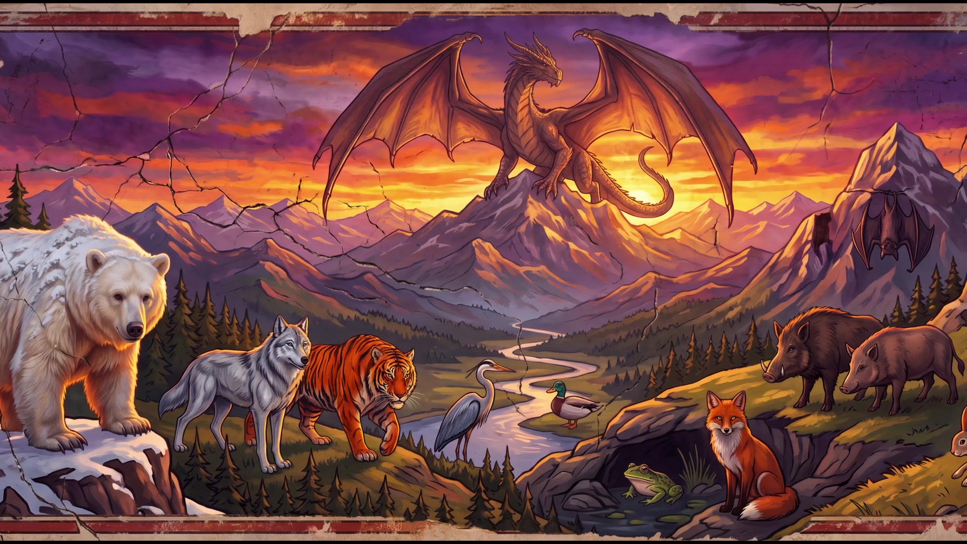 Pantheon of Aspects: a dragon over a sunset valley with bear, wolf, tiger, heron, fox, and boars