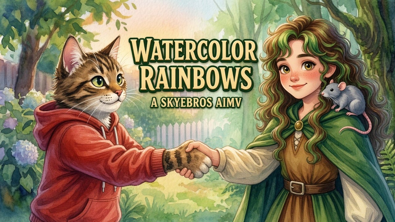 Watercolor Rainbows key art: a cat and Lily shaking hands